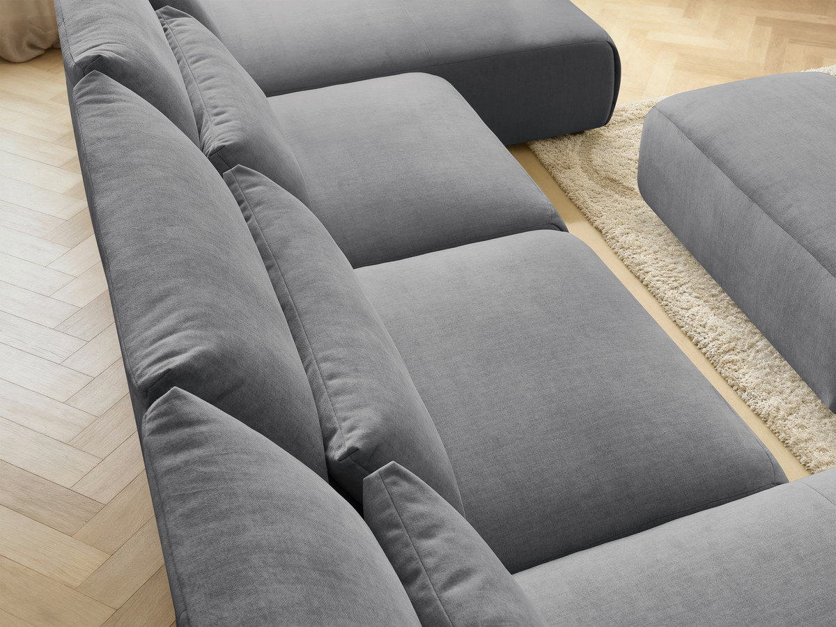 Modulaire vaste panoramabank met hoofdsteunen in JANA fluwelen stof met 2 chaise longues, 2 fauteuils en 1 kleine poef