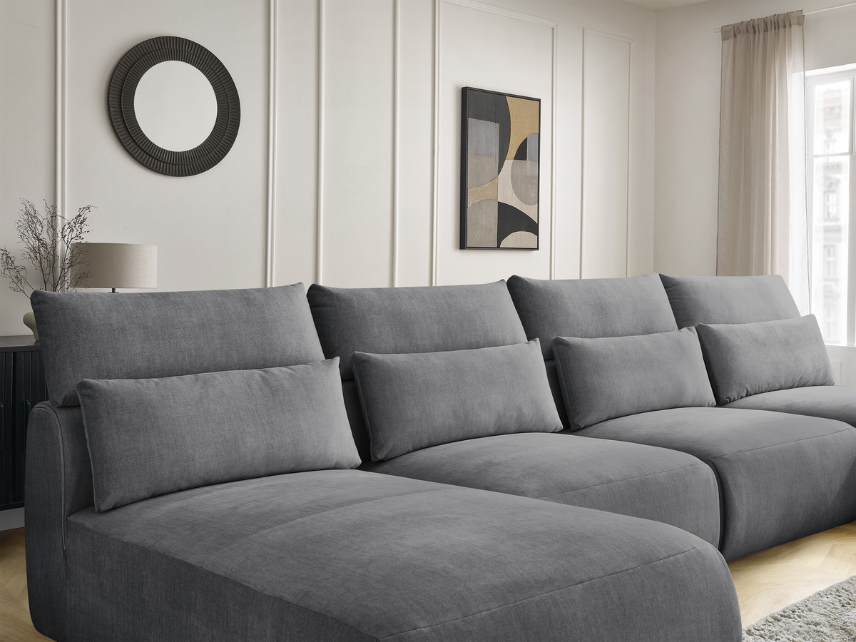 Modulaire vaste panoramabank met hoofdsteunen in JANA fluwelen stof met 2 chaise longues, 2 fauteuils en 1 kleine poef