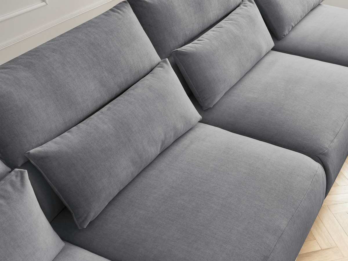 Modulaire vaste panoramabank met hoofdsteunen in JANA fluwelen stof met 2 chaise longues, 2 fauteuils en 1 kleine poef