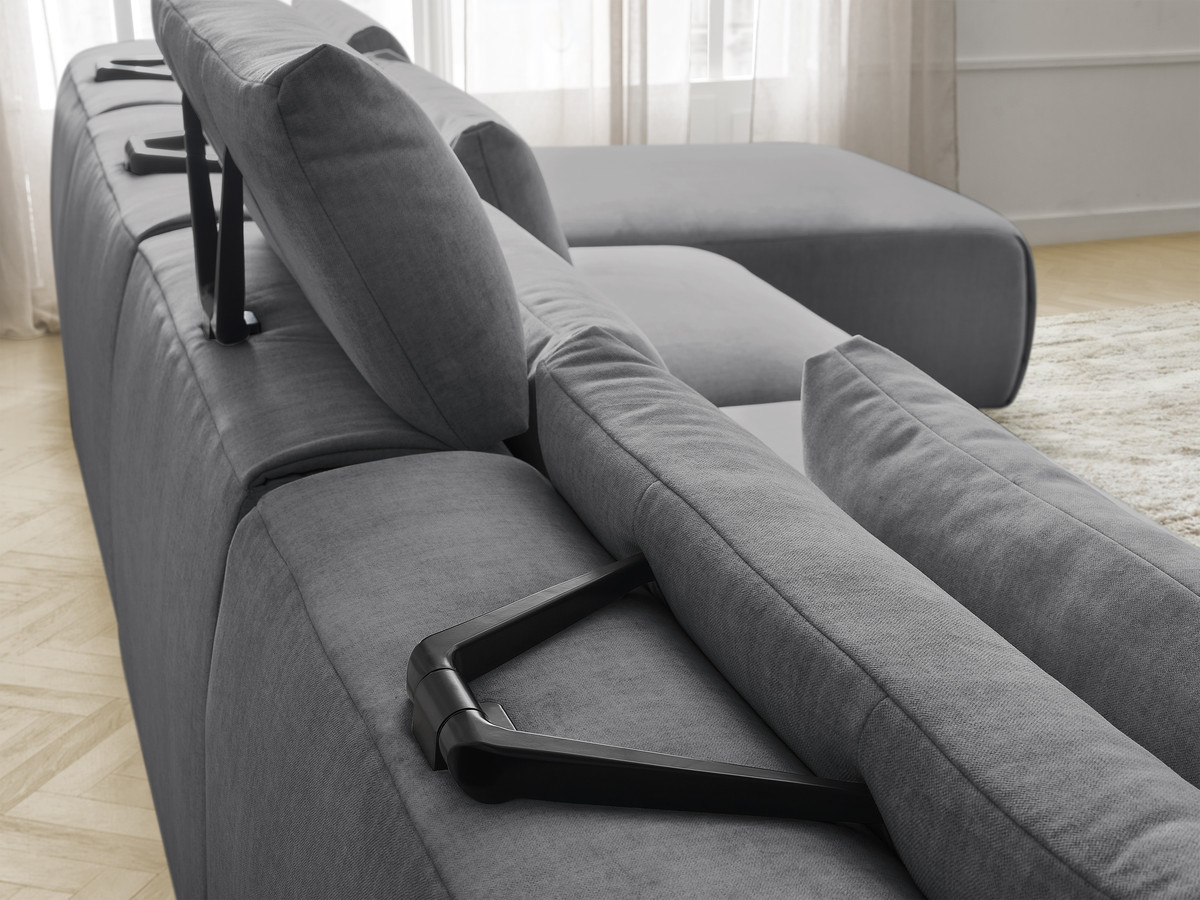 Modulaire vaste panoramabank met hoofdsteunen in JANA fluwelen stof met 2 chaise longues, 2 fauteuils en 1 kleine poef