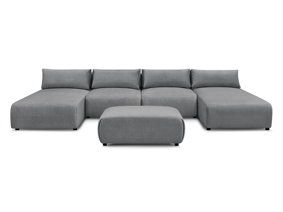 Modulaire vaste panoramabank met hoofdsteunen in JANA fluwelen stof met 2 chaise longues, 2 fauteuils en 1 kleine poef