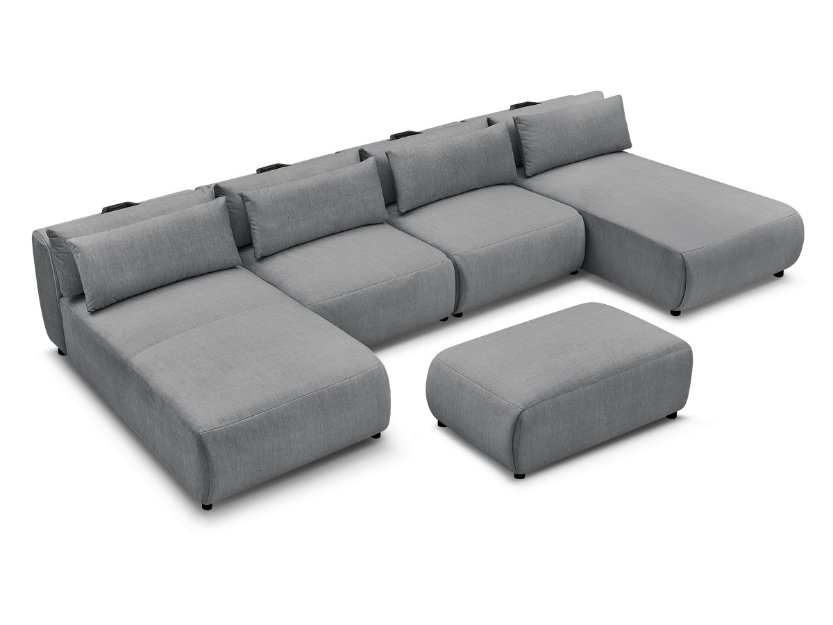 Modulaire vaste panoramabank met hoofdsteunen in JANA fluwelen stof met 2 chaise longues, 2 fauteuils en 1 kleine poef