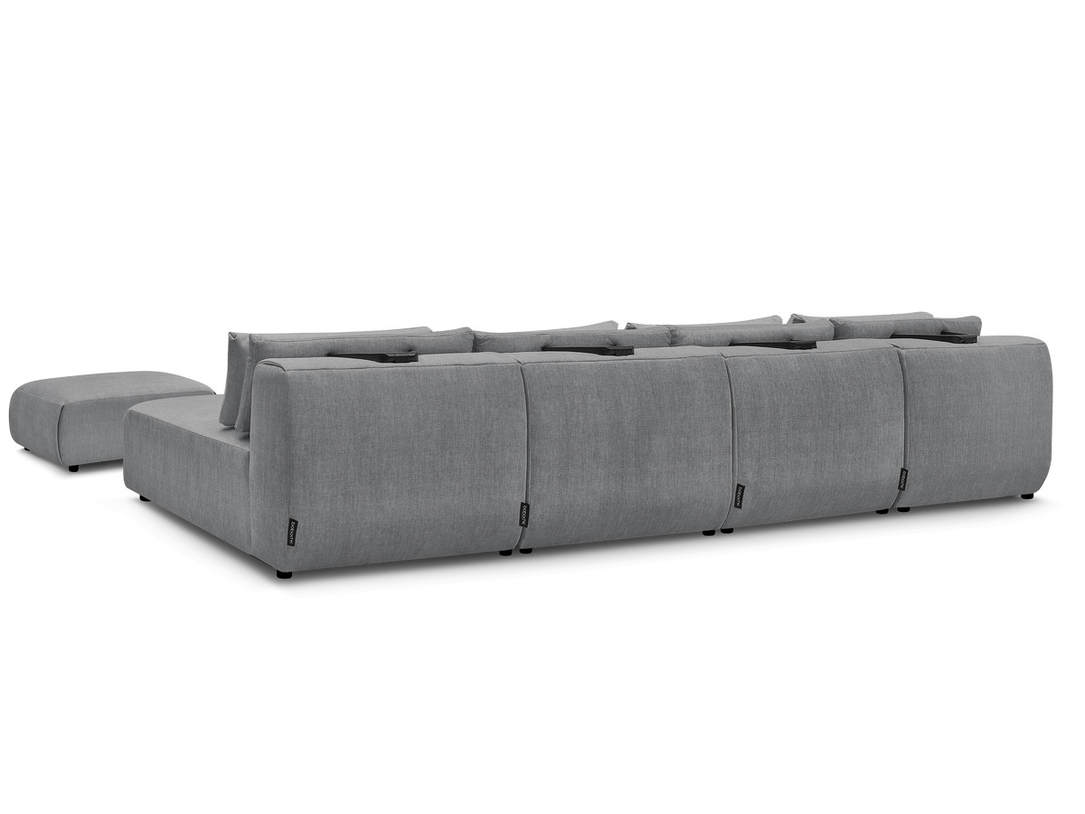 Modulaire vaste panoramabank met hoofdsteunen in JANA fluwelen stof met 2 chaise longues, 2 fauteuils en 1 kleine poef