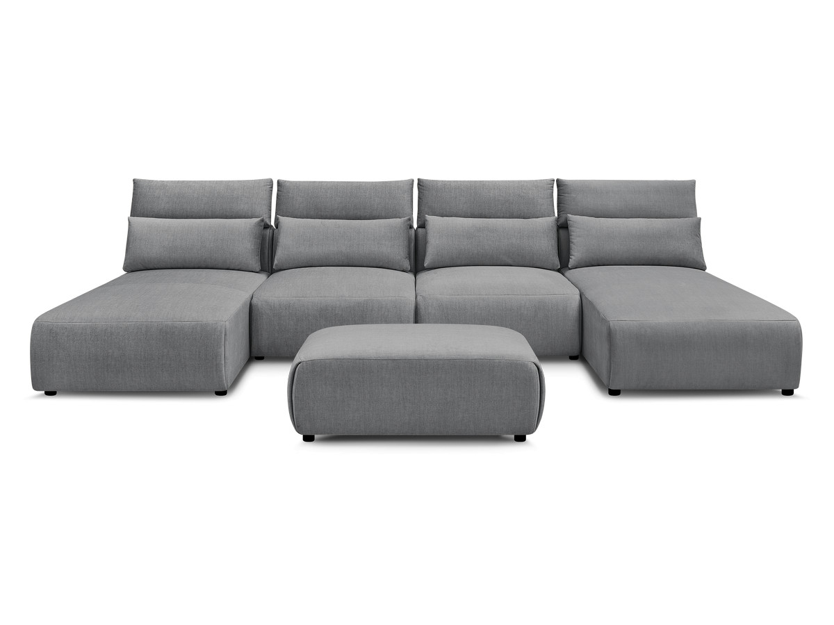 Modulaire vaste panoramabank met hoofdsteunen in JANA fluwelen stof met 2 chaise longues, 2 fauteuils en 1 kleine poef