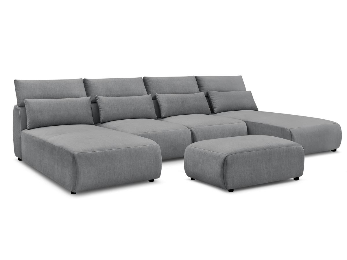 Modulaire vaste panoramabank met hoofdsteunen in JANA fluwelen stof met 2 chaise longues, 2 fauteuils en 1 kleine poef