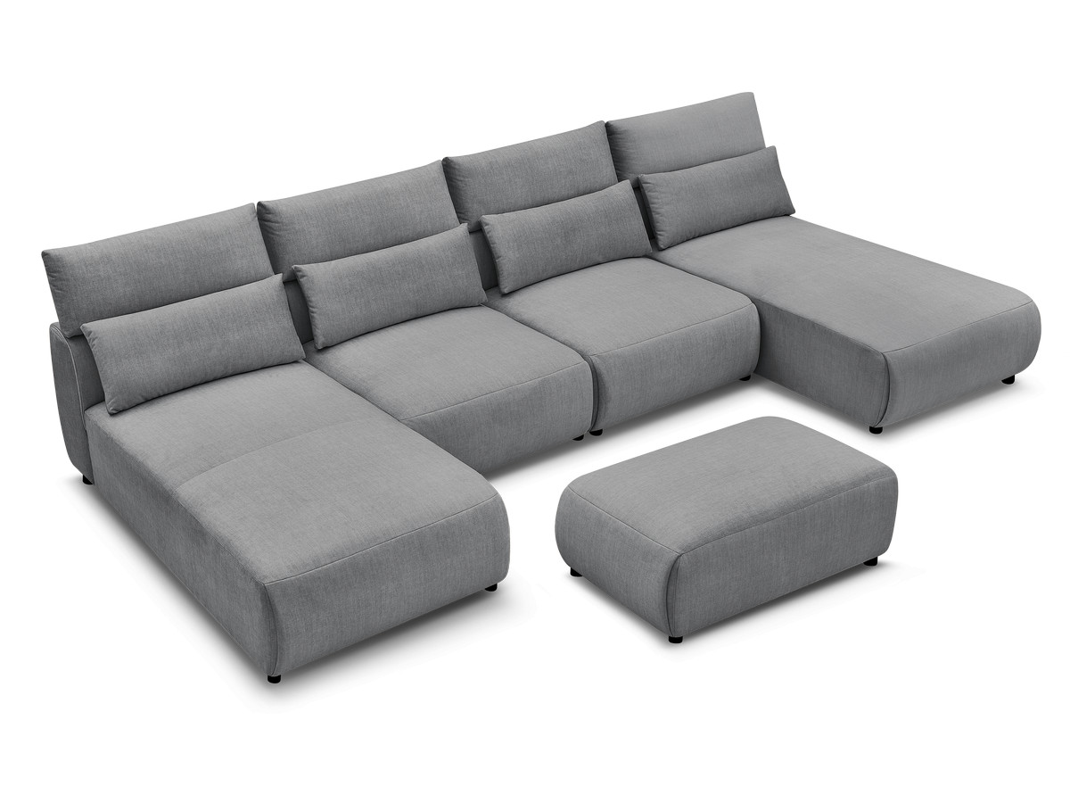 Modulaire vaste panoramabank met hoofdsteunen in JANA fluwelen stof met 2 chaise longues, 2 fauteuils en 1 kleine poef
