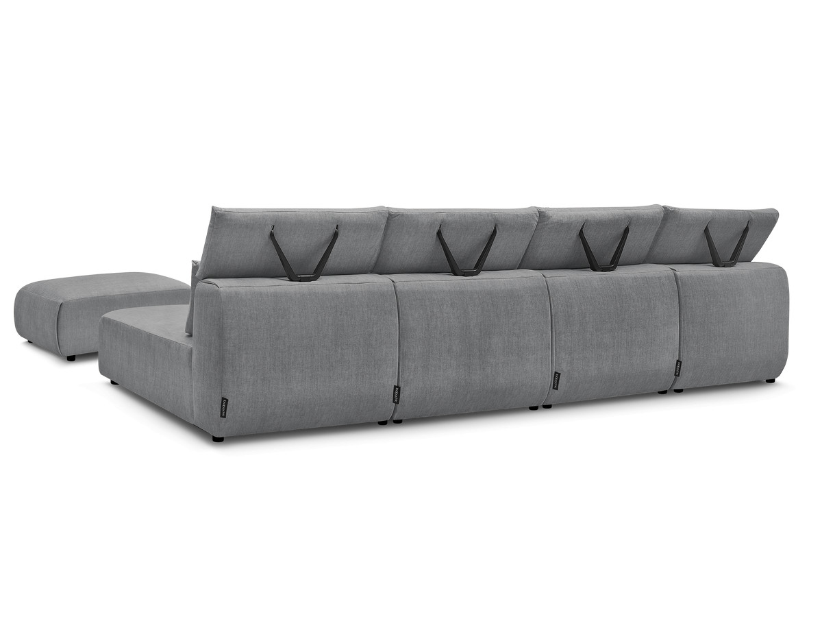 Modulaire vaste panoramabank met hoofdsteunen in JANA fluwelen stof met 2 chaise longues, 2 fauteuils en 1 kleine poef