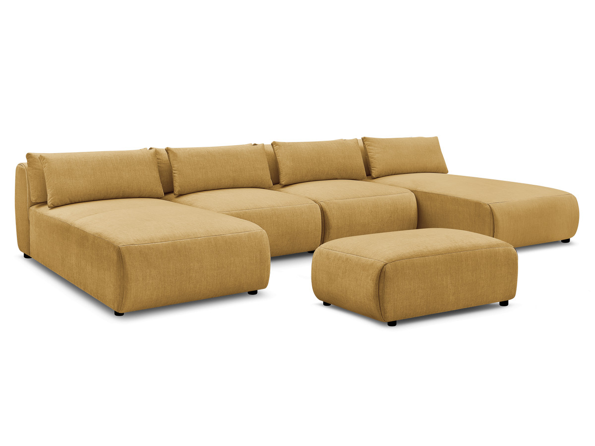 modulaire vaste panoramabank met hoofdsteunen in jana fluwelen stof met 2 chaise longues, 2 fauteuils en 1 kleine poef gekleurd geel