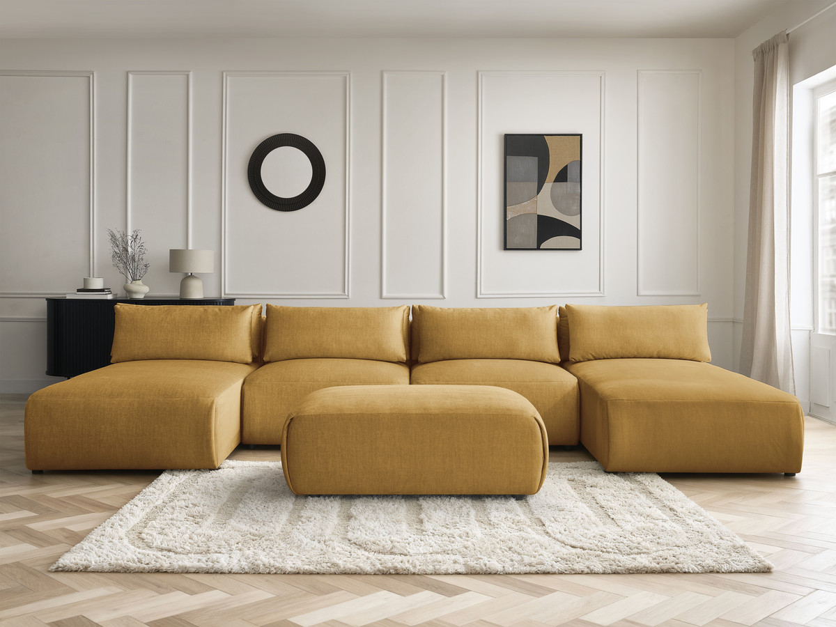 Modulaire vaste panoramabank met hoofdsteunen in JANA fluwelen stof met 2 chaise longues, 2 fauteuils en 1 kleine poef