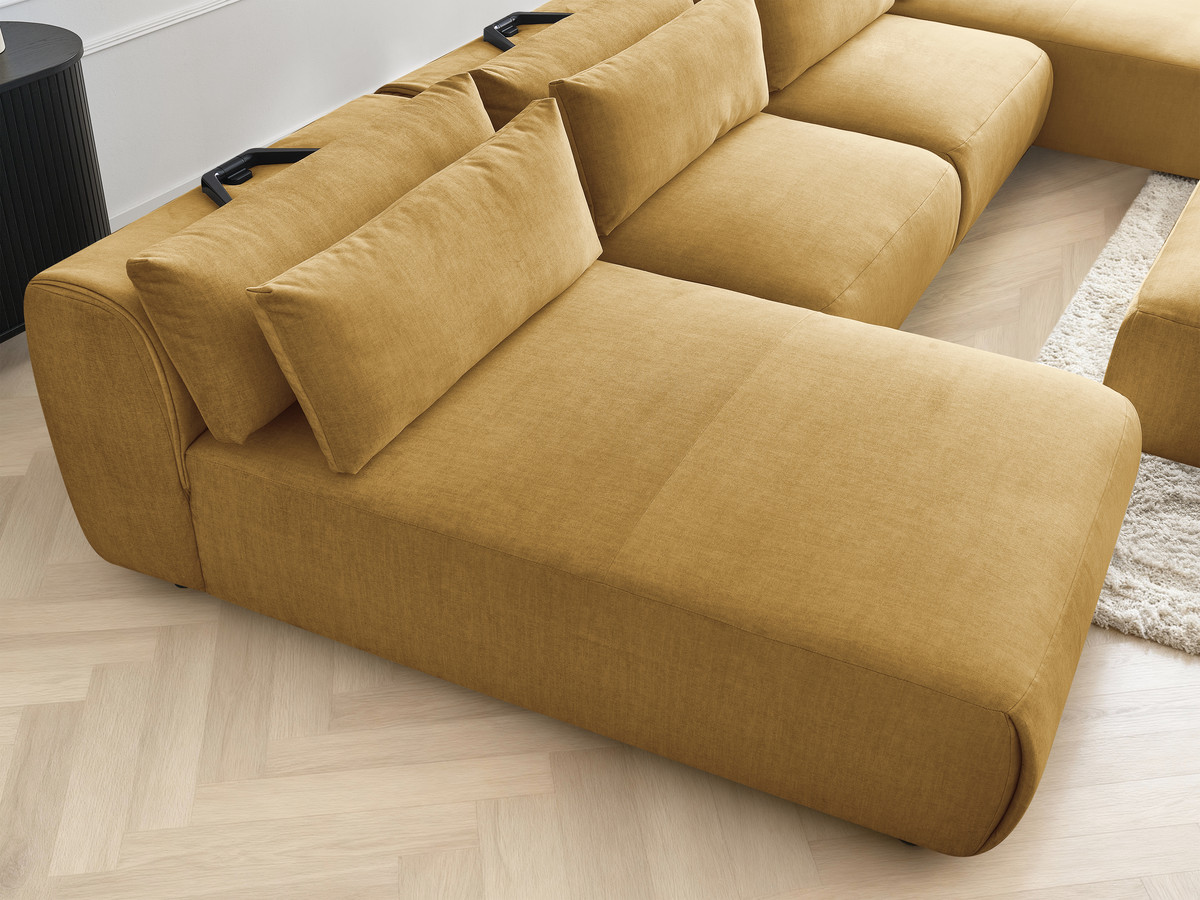 Modulaire vaste panoramabank met hoofdsteunen in JANA fluwelen stof met 2 chaise longues, 2 fauteuils en 1 kleine poef