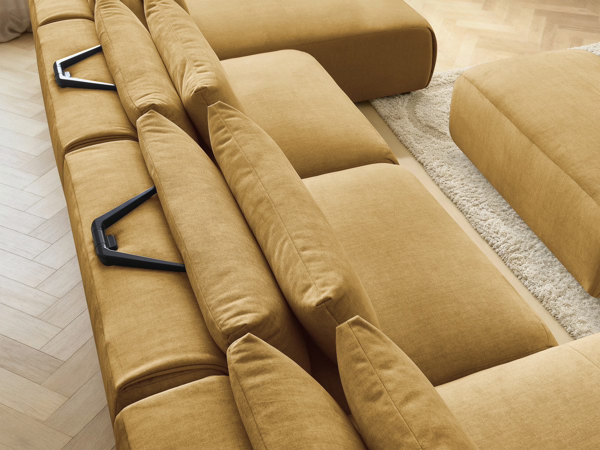 Modulaire vaste panoramabank met hoofdsteunen in JANA fluwelen stof met 2 chaise longues, 2 fauteuils en 1 kleine poef