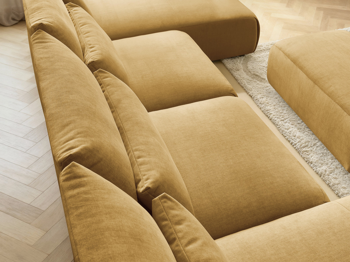 Modulaire vaste panoramabank met hoofdsteunen in JANA fluwelen stof met 2 chaise longues, 2 fauteuils en 1 kleine poef