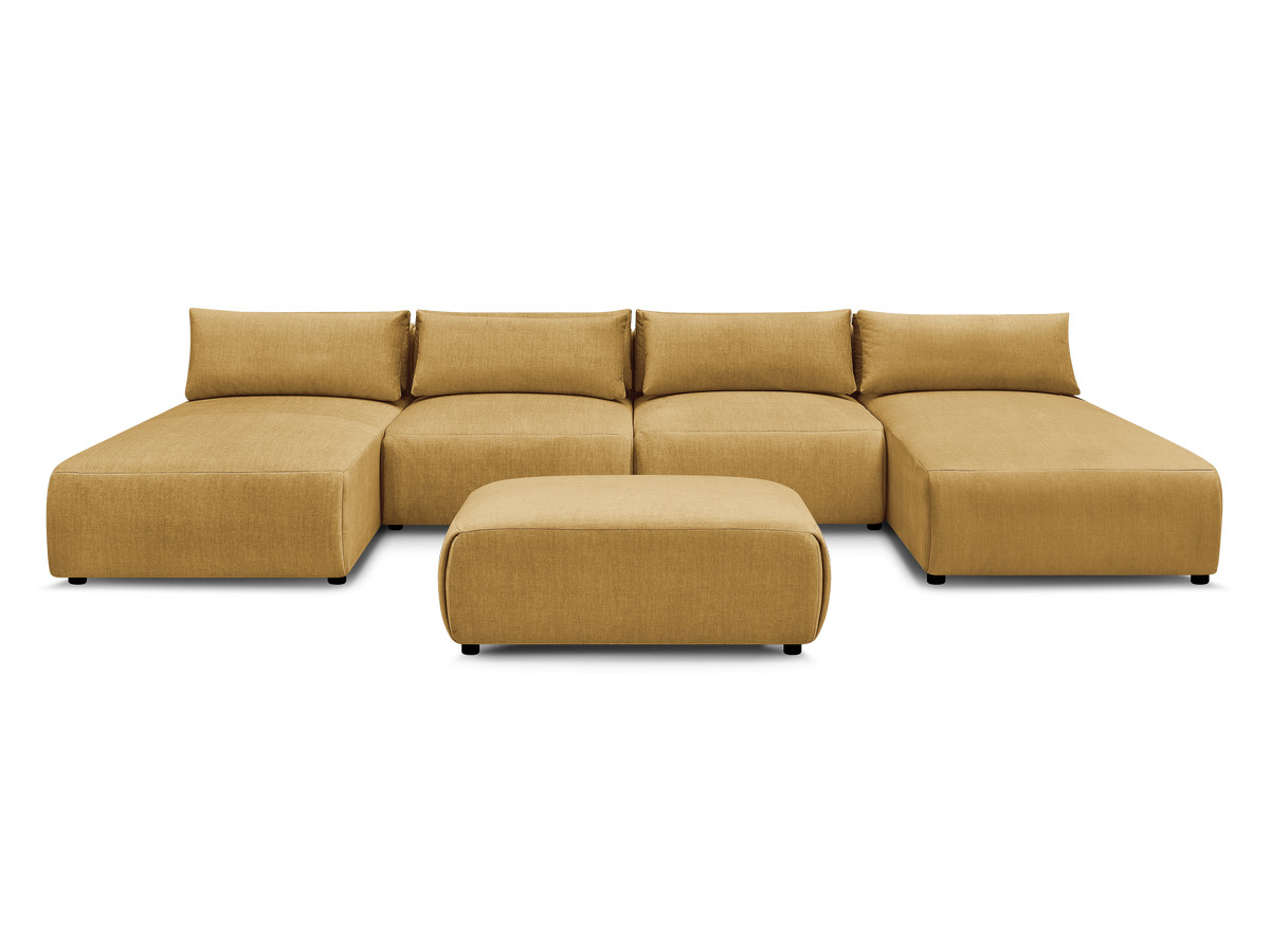 Modulaire vaste panoramabank met hoofdsteunen in JANA fluwelen stof met 2 chaise longues, 2 fauteuils en 1 kleine poef