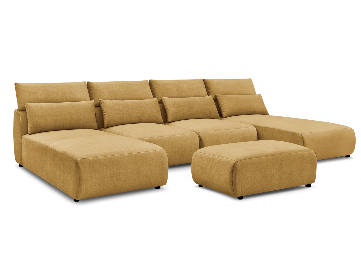 Modulaire vaste panoramabank met hoofdsteunen in JANA fluwelen stof met 2 chaise longues, 2 fauteuils en 1 kleine poef