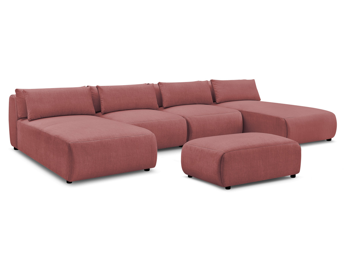 Modulaire vaste panoramabank met hoofdsteunen in JANA fluwelen stof met 2 chaise longues, 2 fauteuils en 1 kleine poef