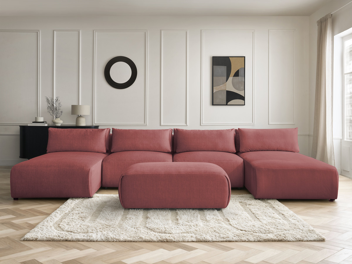 Modulaire vaste panoramabank met hoofdsteunen in JANA fluwelen stof met 2 chaise longues, 2 fauteuils en 1 kleine poef