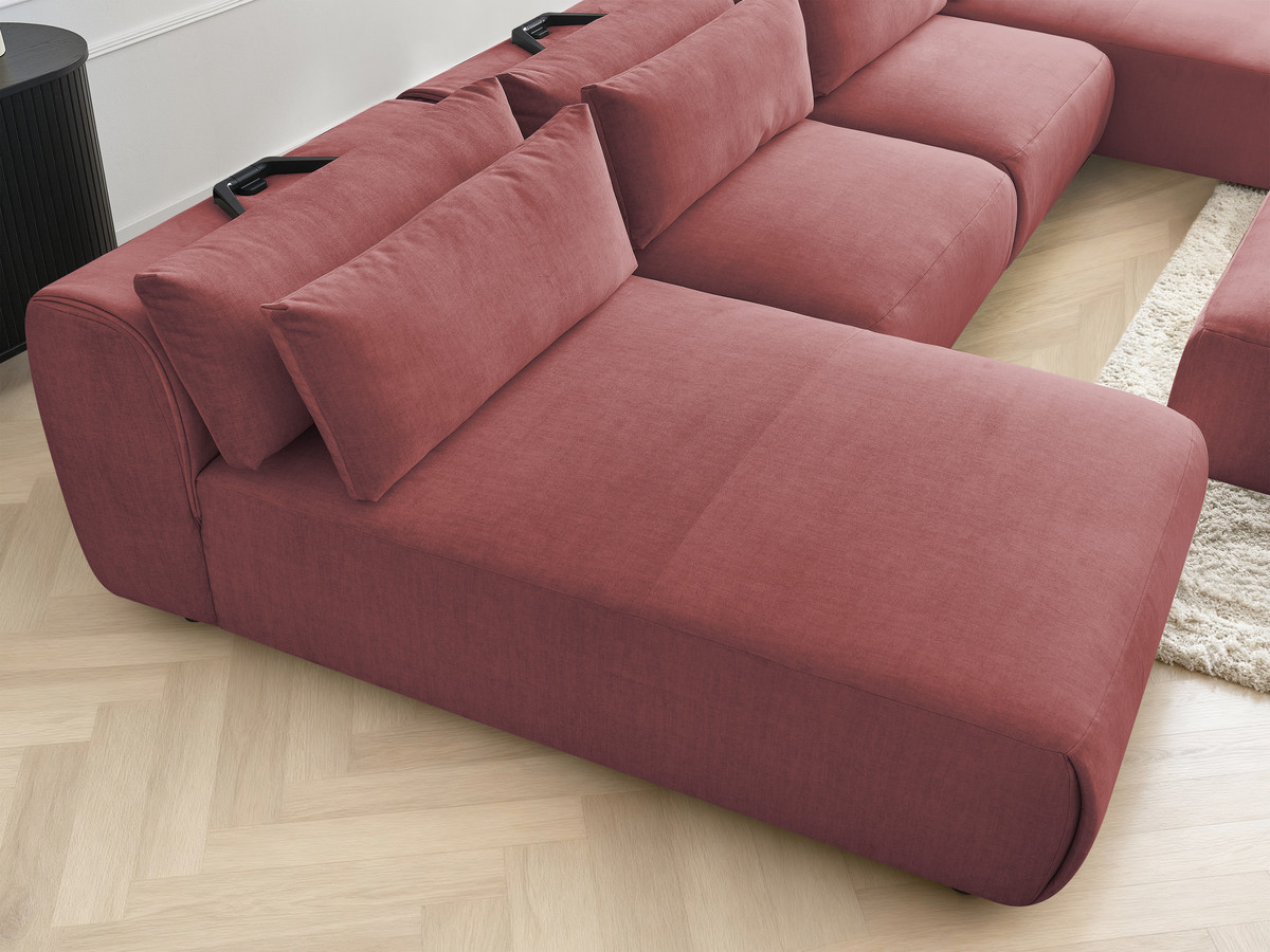 Modulaire vaste panoramabank met hoofdsteunen in JANA fluwelen stof met 2 chaise longues, 2 fauteuils en 1 kleine poef