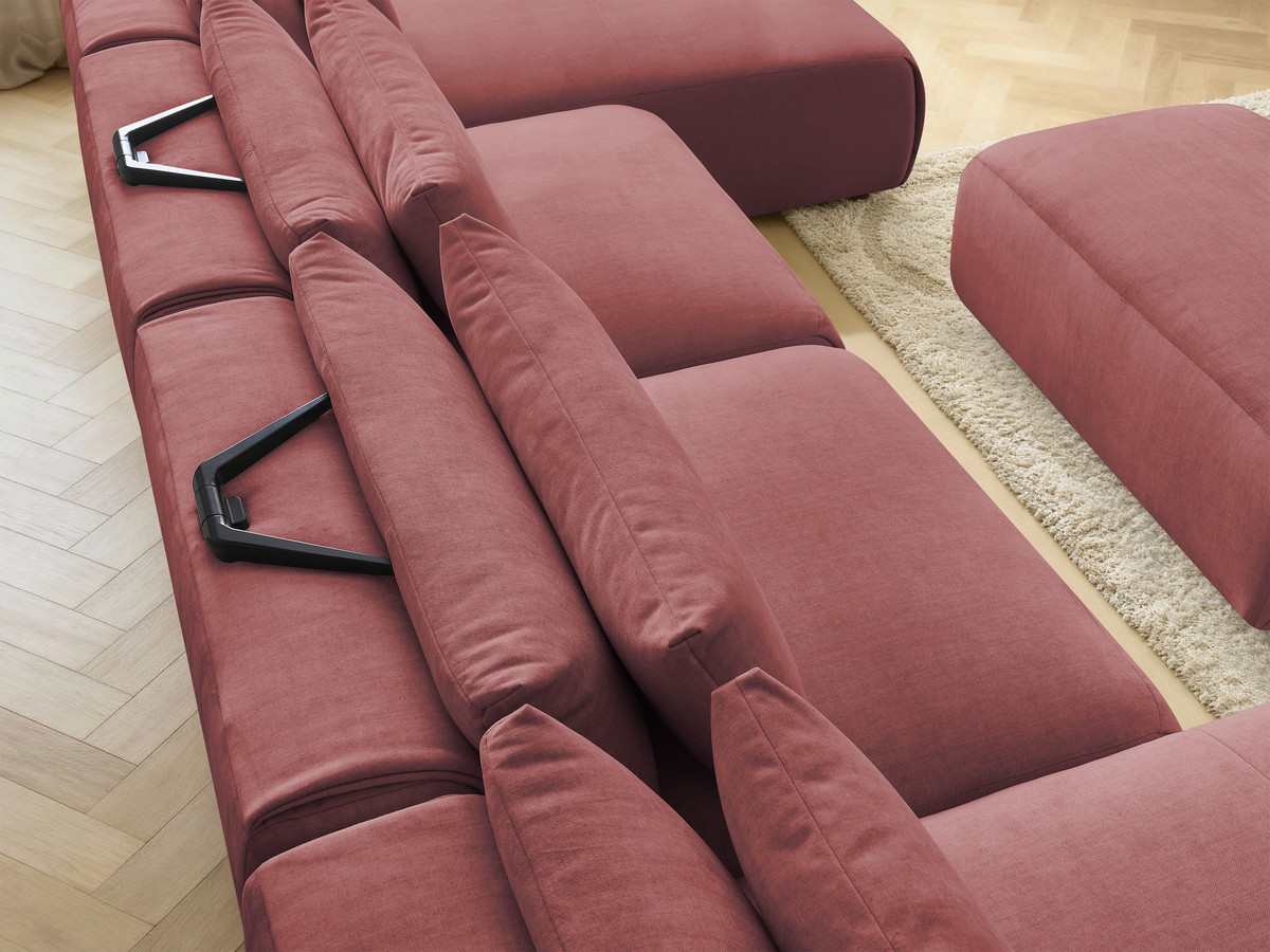 Modulaire vaste panoramabank met hoofdsteunen in JANA fluwelen stof met 2 chaise longues, 2 fauteuils en 1 kleine poef