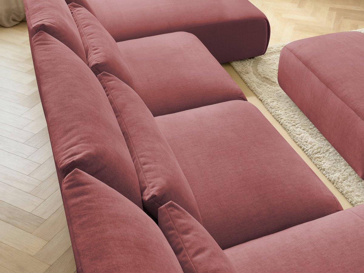 Modulaire vaste panoramabank met hoofdsteunen in JANA fluwelen stof met 2 chaise longues, 2 fauteuils en 1 kleine poef