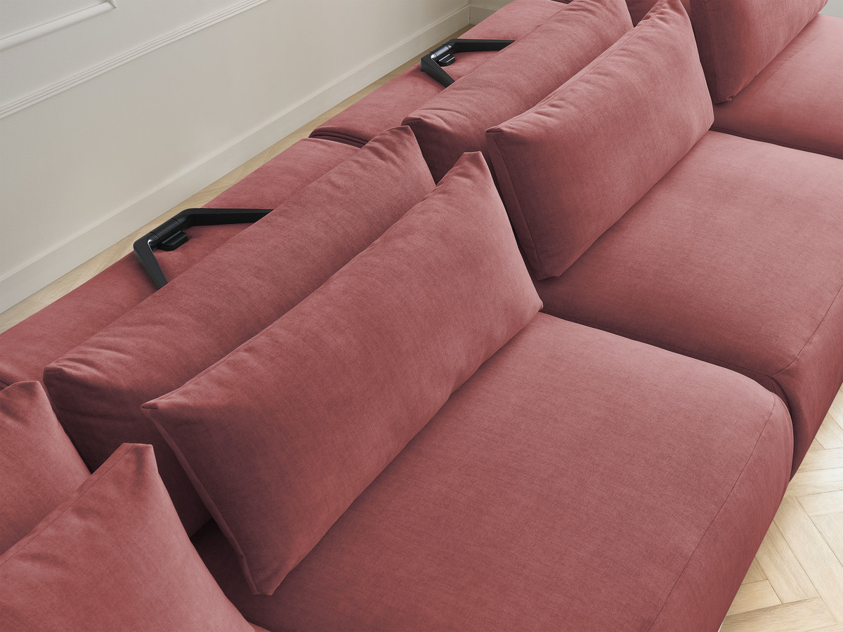 Modulaire vaste panoramabank met hoofdsteunen in JANA fluwelen stof met 2 chaise longues, 2 fauteuils en 1 kleine poef