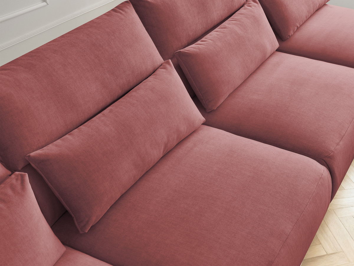 Modulaire vaste panoramabank met hoofdsteunen in JANA fluwelen stof met 2 chaise longues, 2 fauteuils en 1 kleine poef