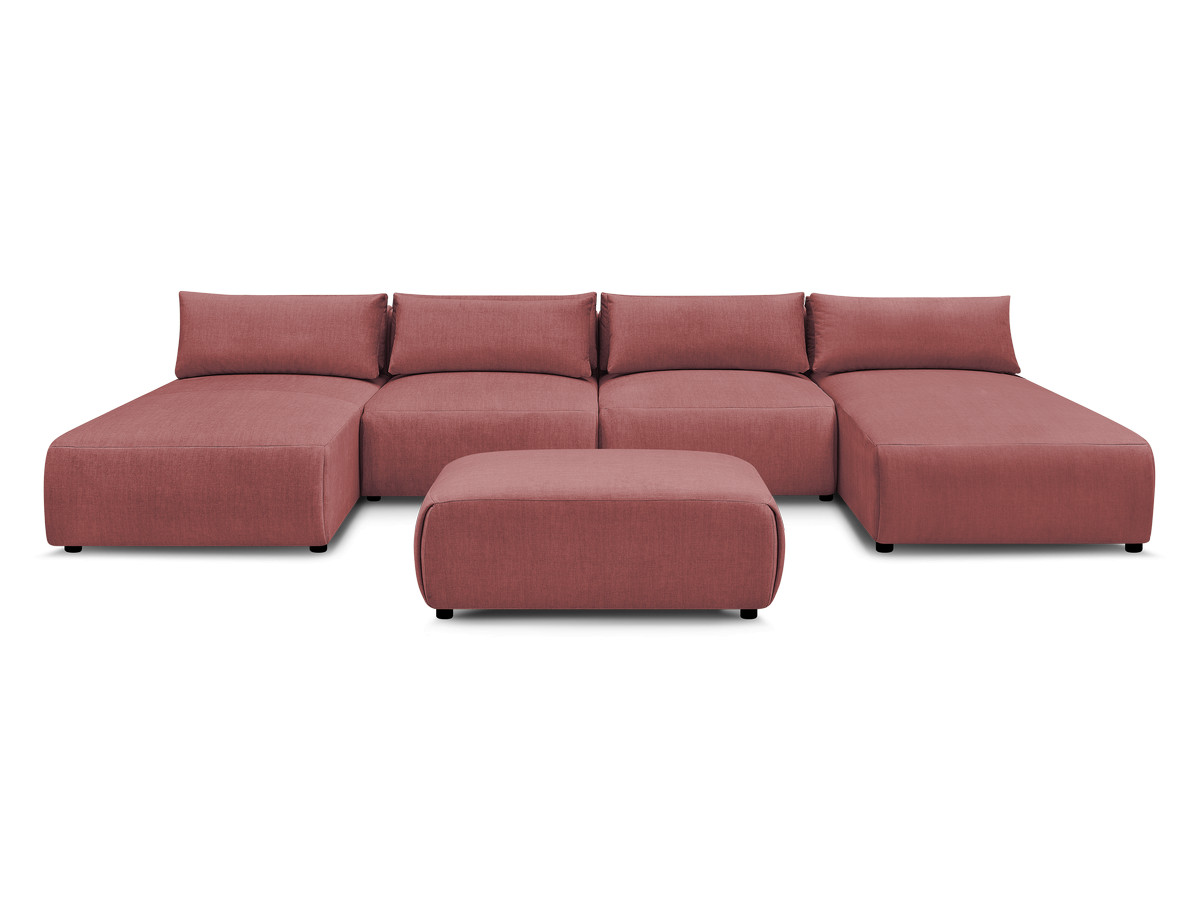 Modulaire vaste panoramabank met hoofdsteunen in JANA fluwelen stof met 2 chaise longues, 2 fauteuils en 1 kleine poef