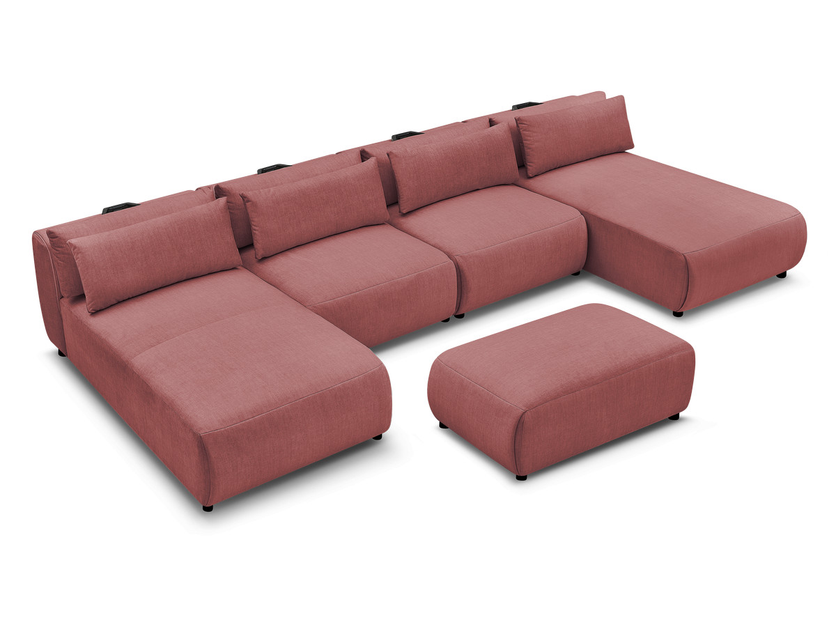 Modulaire vaste panoramabank met hoofdsteunen in JANA fluwelen stof met 2 chaise longues, 2 fauteuils en 1 kleine poef