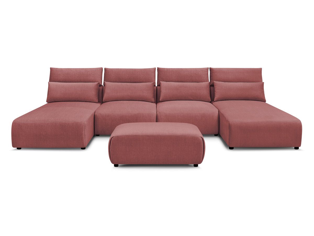 Modulaire vaste panoramabank met hoofdsteunen in JANA fluwelen stof met 2 chaise longues, 2 fauteuils en 1 kleine poef