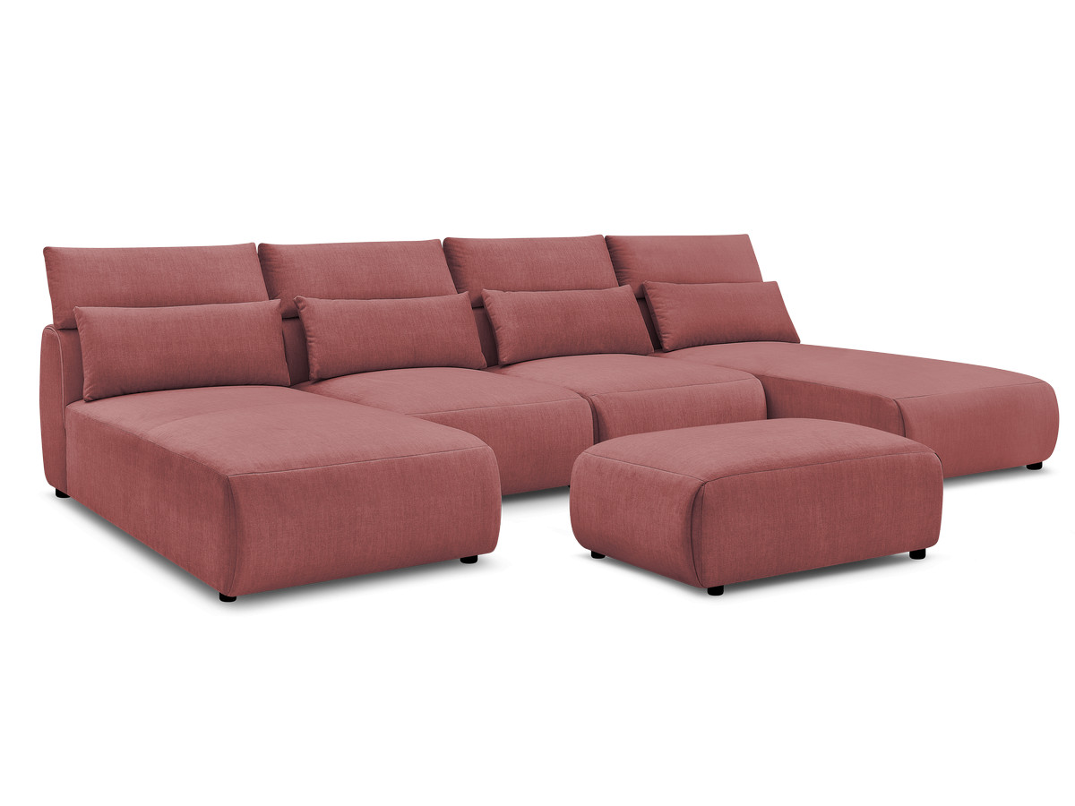 Modulaire vaste panoramabank met hoofdsteunen in JANA fluwelen stof met 2 chaise longues, 2 fauteuils en 1 kleine poef