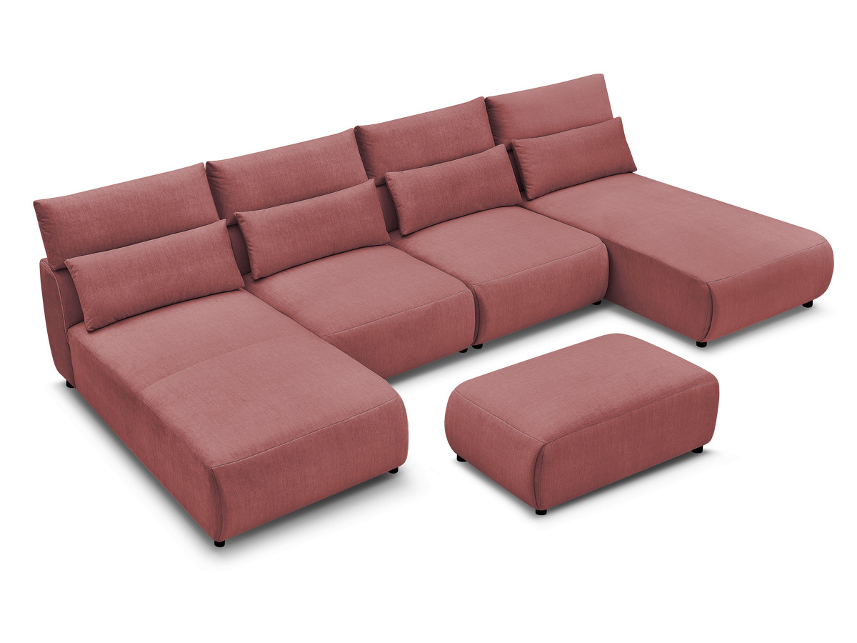 Modulaire vaste panoramabank met hoofdsteunen in JANA fluwelen stof met 2 chaise longues, 2 fauteuils en 1 kleine poef