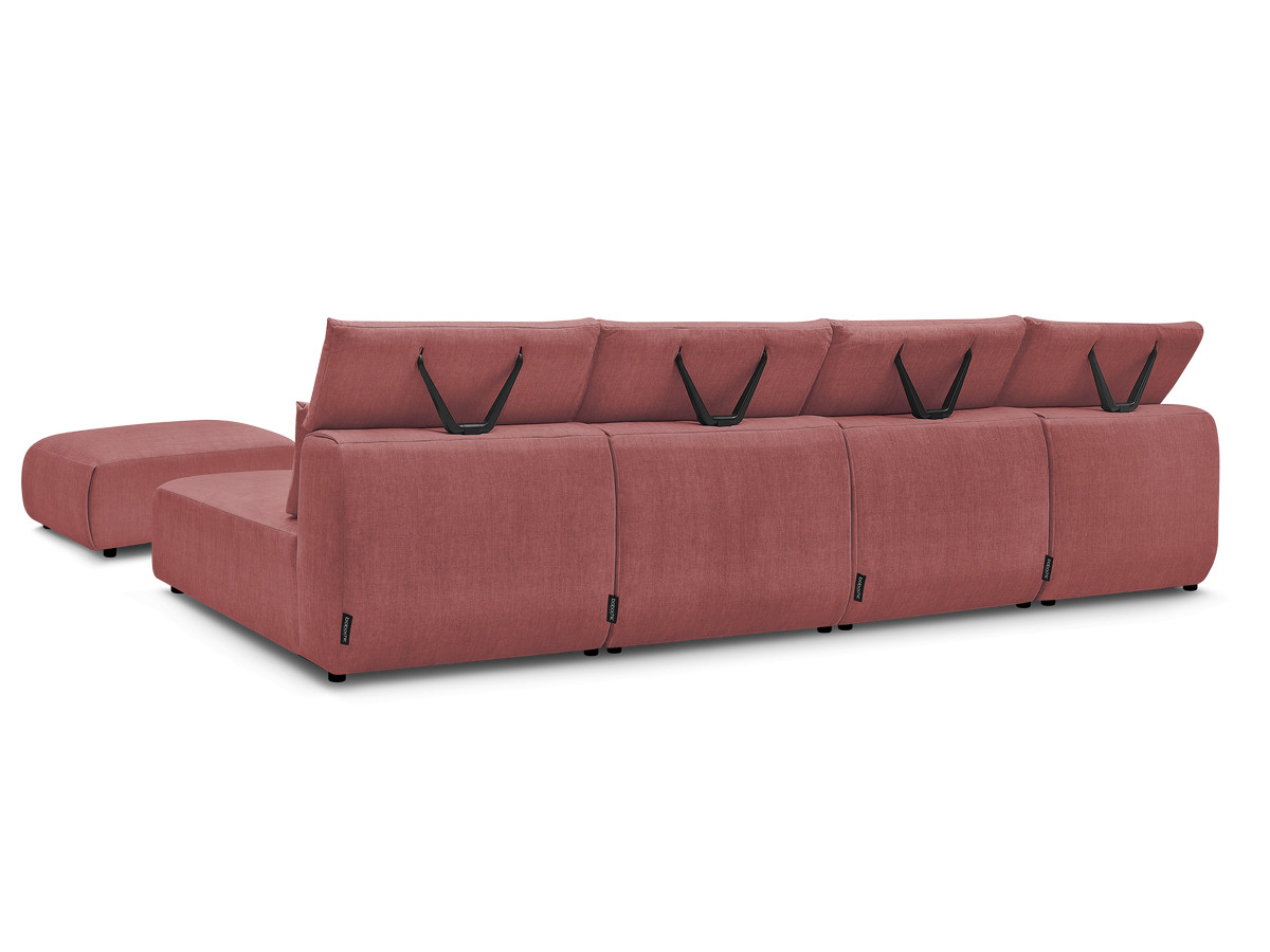 Modulaire vaste panoramabank met hoofdsteunen in JANA fluwelen stof met 2 chaise longues, 2 fauteuils en 1 kleine poef