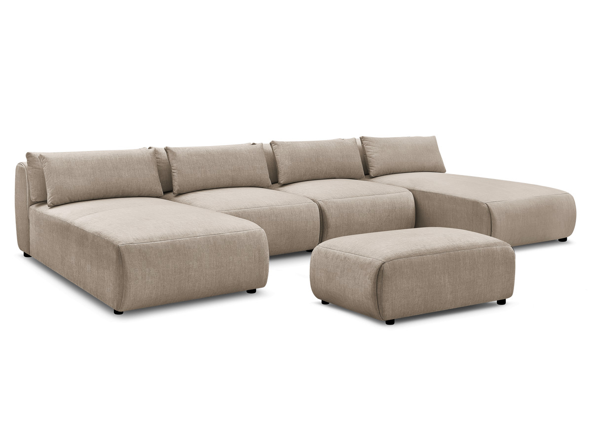 Modulaire vaste panoramabank met hoofdsteunen in JANA fluwelen stof met 2 chaise longues, 2 fauteuils en 1 kleine poef