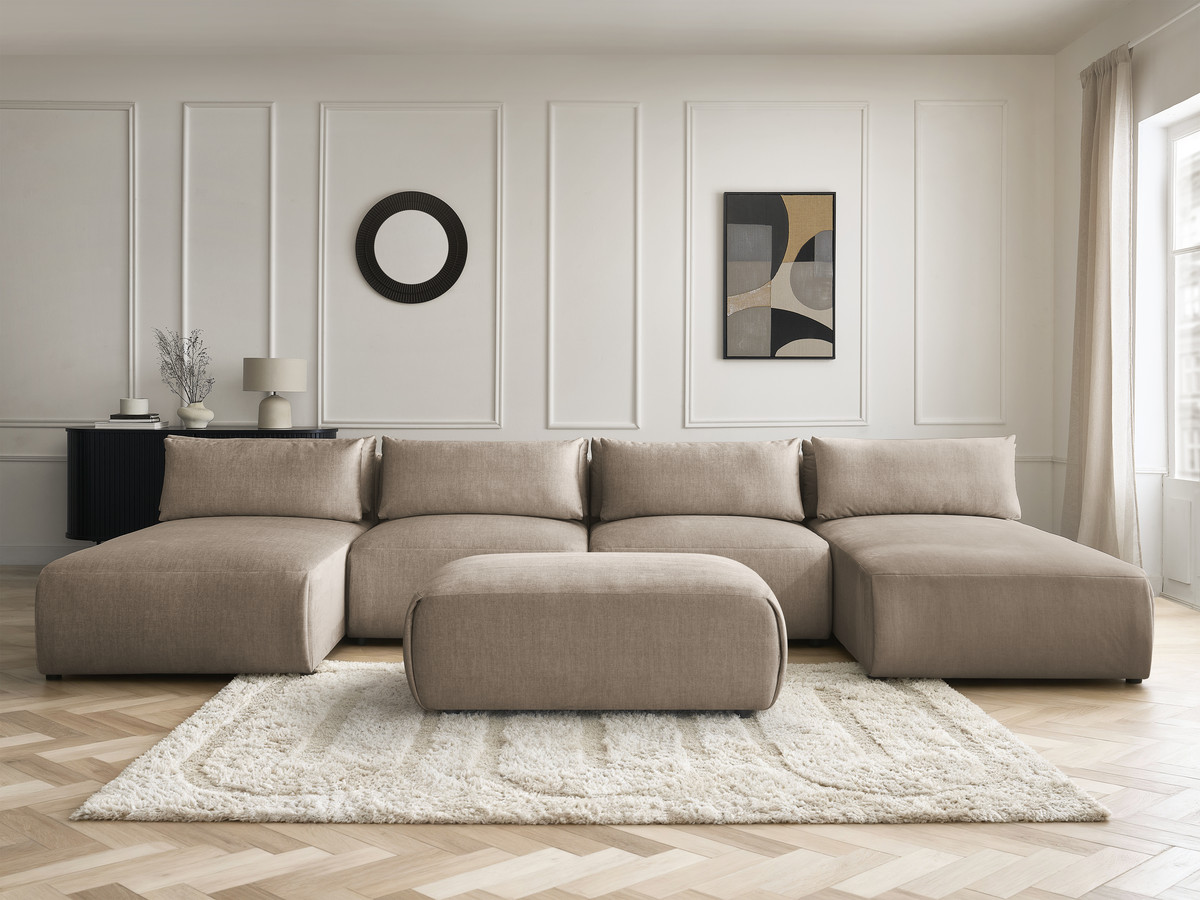 Modulaire vaste panoramabank met hoofdsteunen in JANA fluwelen stof met 2 chaise longues, 2 fauteuils en 1 kleine poef