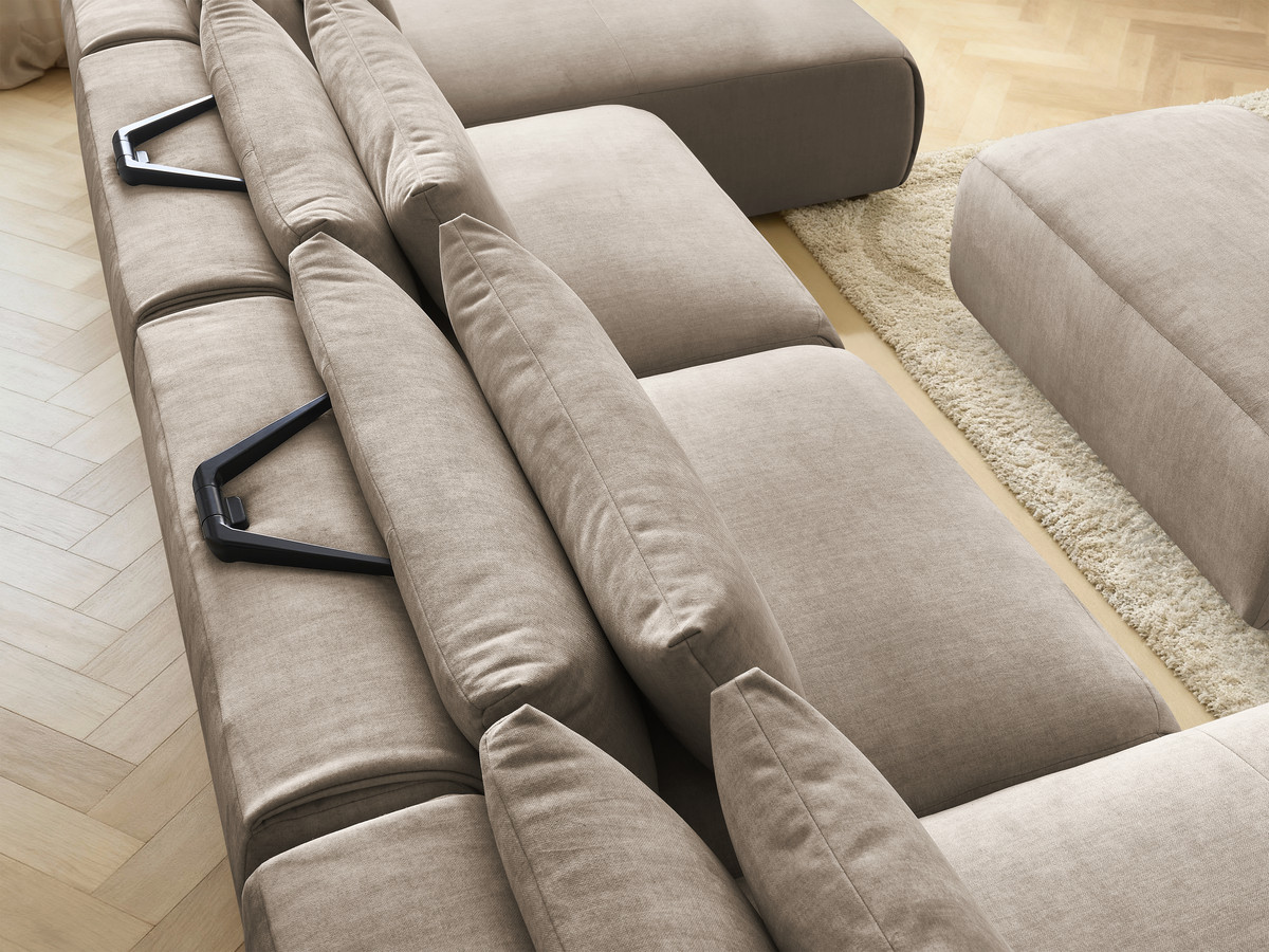 Modulaire vaste panoramabank met hoofdsteunen in JANA fluwelen stof met 2 chaise longues, 2 fauteuils en 1 kleine poef