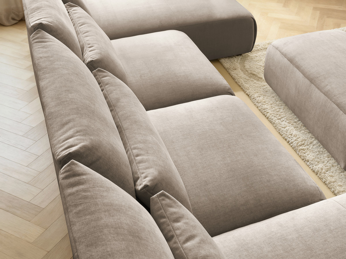 Modulaire vaste panoramabank met hoofdsteunen in JANA fluwelen stof met 2 chaise longues, 2 fauteuils en 1 kleine poef