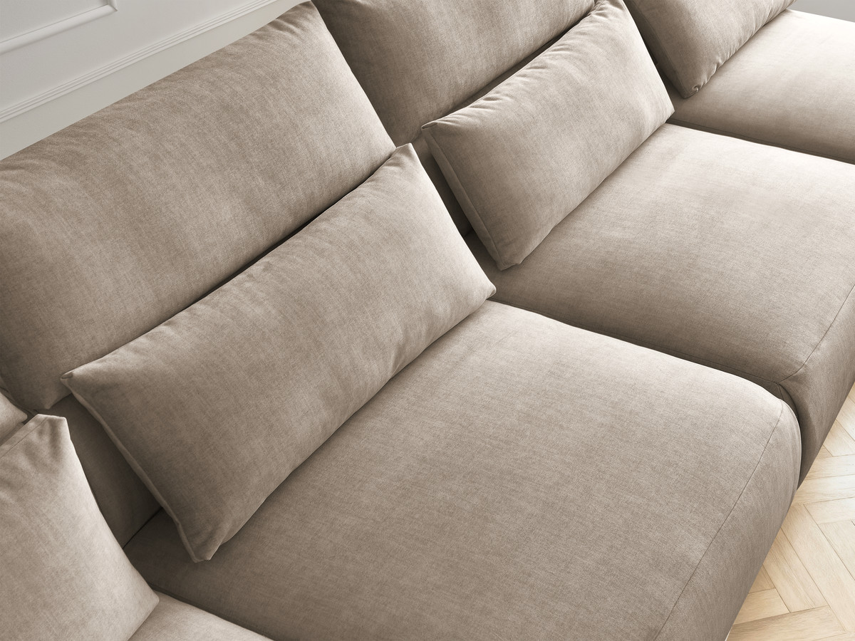 Modulaire vaste panoramabank met hoofdsteunen in JANA fluwelen stof met 2 chaise longues, 2 fauteuils en 1 kleine poef