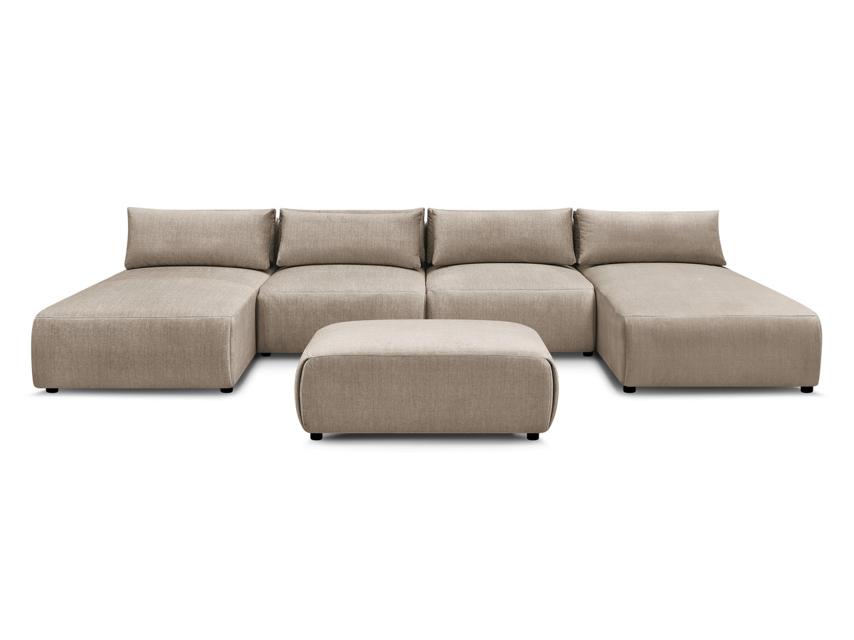 Modulaire vaste panoramabank met hoofdsteunen in JANA fluwelen stof met 2 chaise longues, 2 fauteuils en 1 kleine poef
