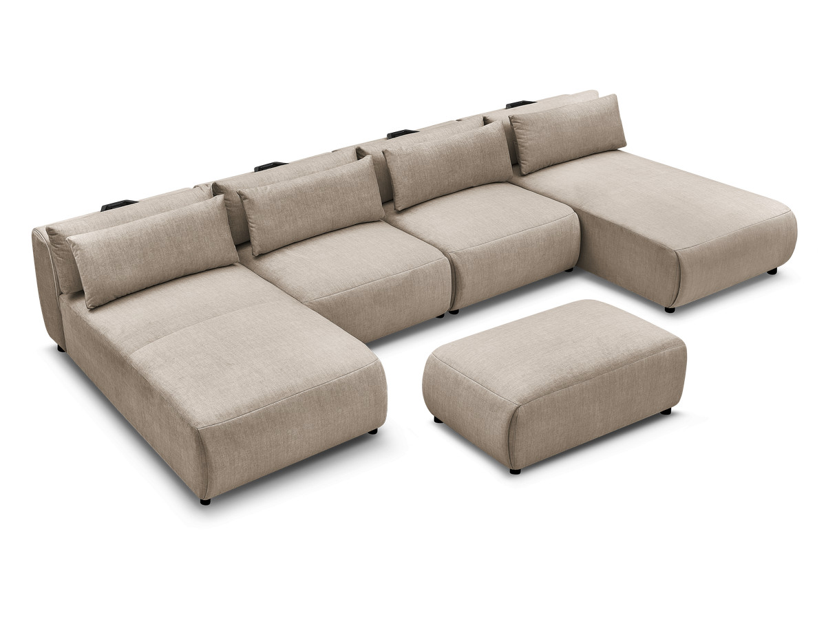 Modulaire vaste panoramabank met hoofdsteunen in JANA fluwelen stof met 2 chaise longues, 2 fauteuils en 1 kleine poef
