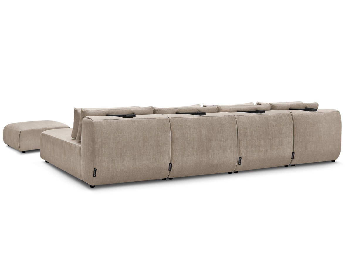 Modulaire vaste panoramabank met hoofdsteunen in JANA fluwelen stof met 2 chaise longues, 2 fauteuils en 1 kleine poef