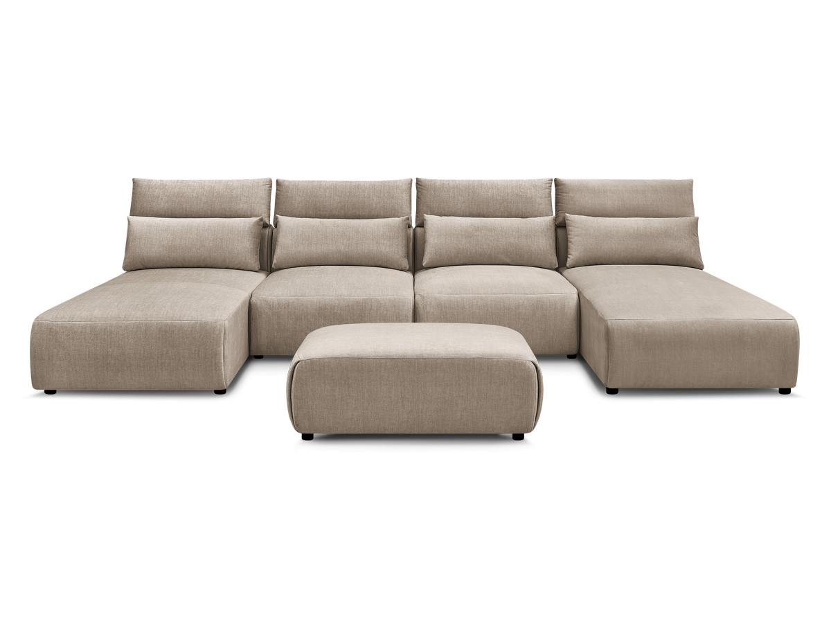 Modulaire vaste panoramabank met hoofdsteunen in JANA fluwelen stof met 2 chaise longues, 2 fauteuils en 1 kleine poef