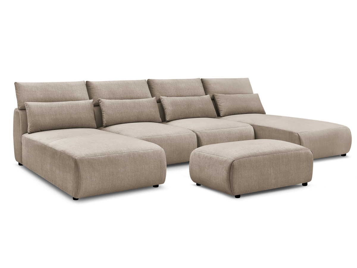 Modulaire vaste panoramabank met hoofdsteunen in JANA fluwelen stof met 2 chaise longues, 2 fauteuils en 1 kleine poef