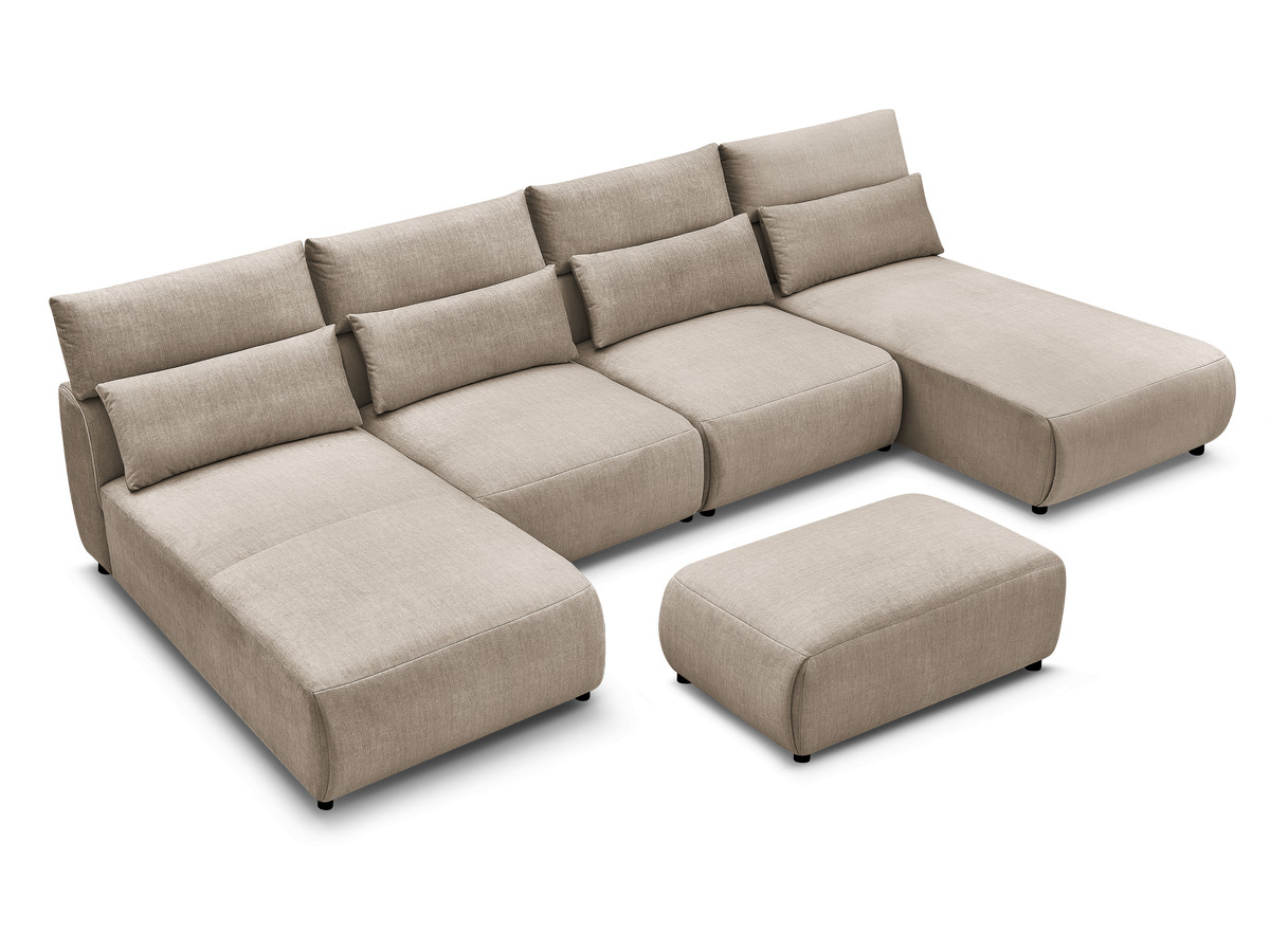Modulaire vaste panoramabank met hoofdsteunen in JANA fluwelen stof met 2 chaise longues, 2 fauteuils en 1 kleine poef