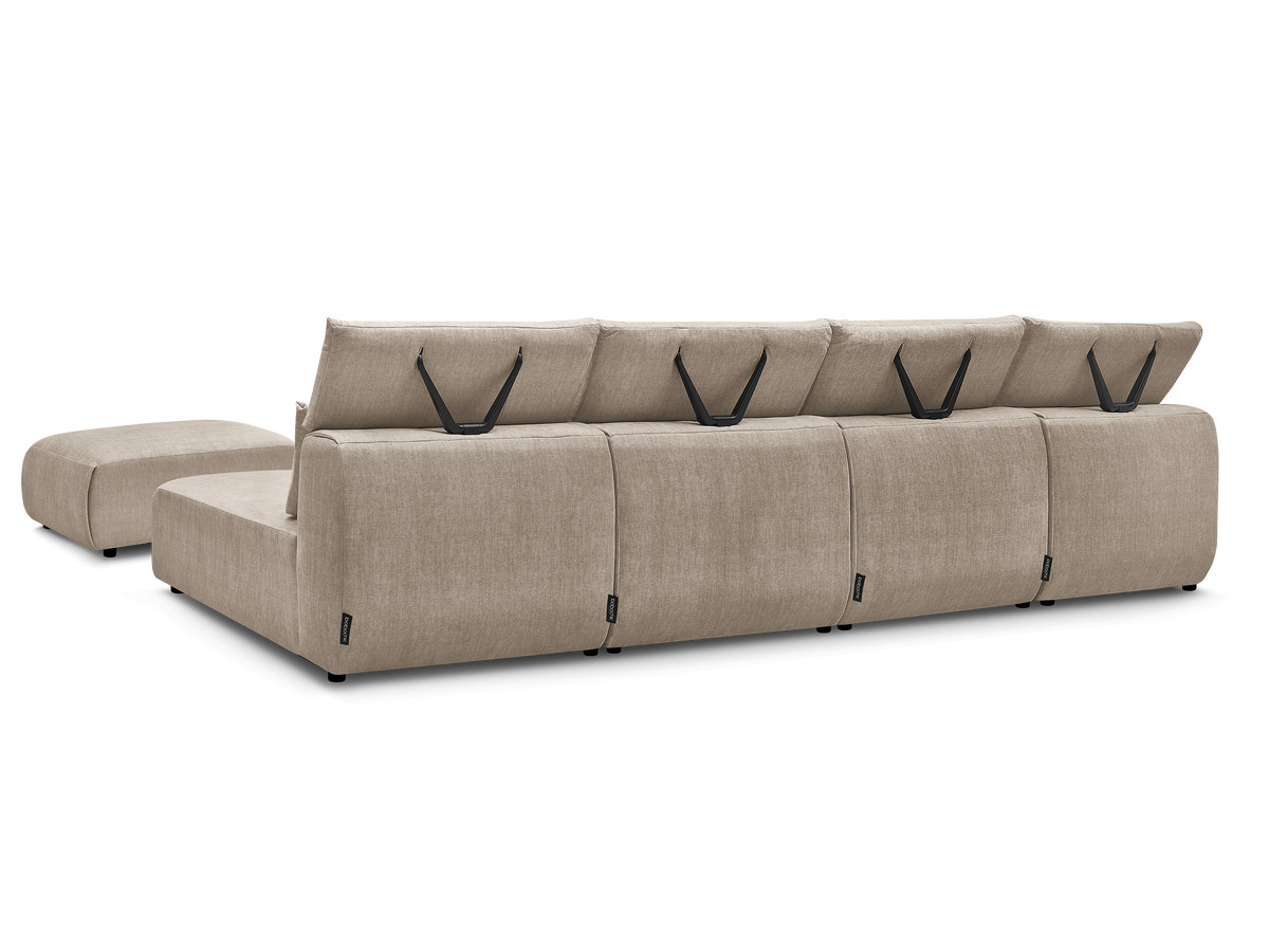 Modulaire vaste panoramabank met hoofdsteunen in JANA fluwelen stof met 2 chaise longues, 2 fauteuils en 1 kleine poef