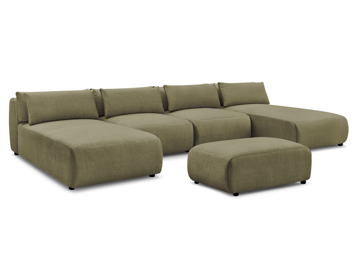 Modulaire vaste panoramabank met hoofdsteunen in JANA fluwelen stof met 2 chaise longues, 2 fauteuils en 1 kleine poef