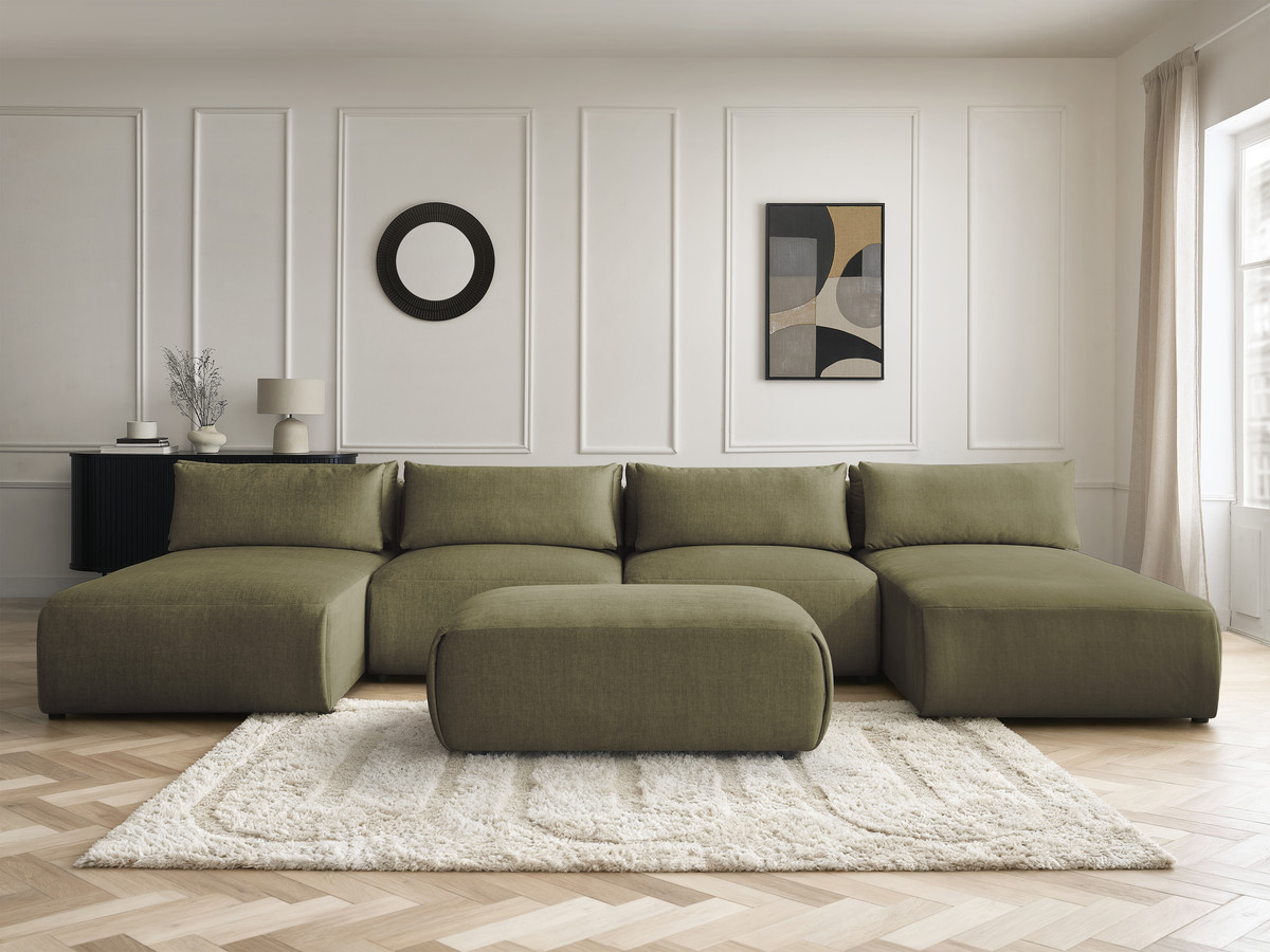 Modulaire vaste panoramabank met hoofdsteunen in JANA fluwelen stof met 2 chaise longues, 2 fauteuils en 1 kleine poef