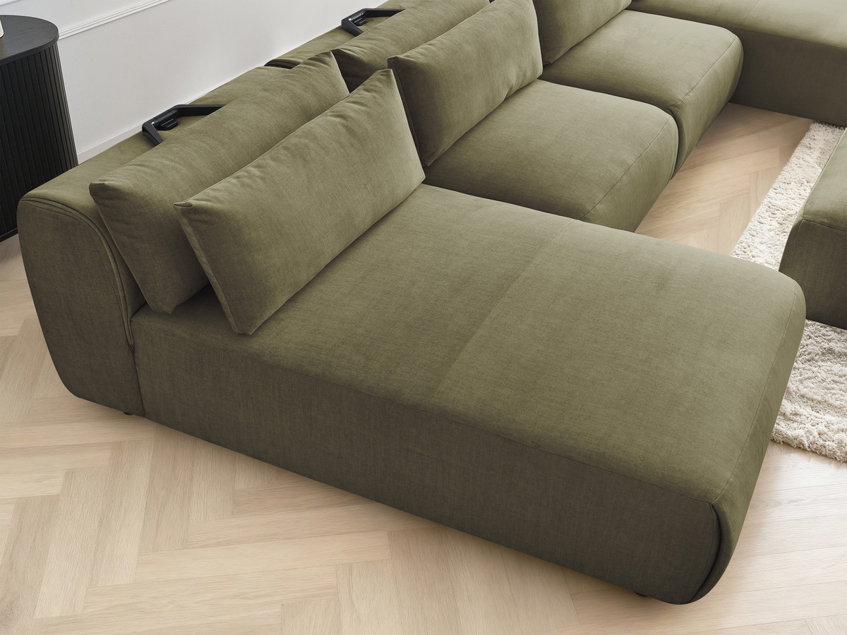 Modulaire vaste panoramabank met hoofdsteunen in JANA fluwelen stof met 2 chaise longues, 2 fauteuils en 1 kleine poef