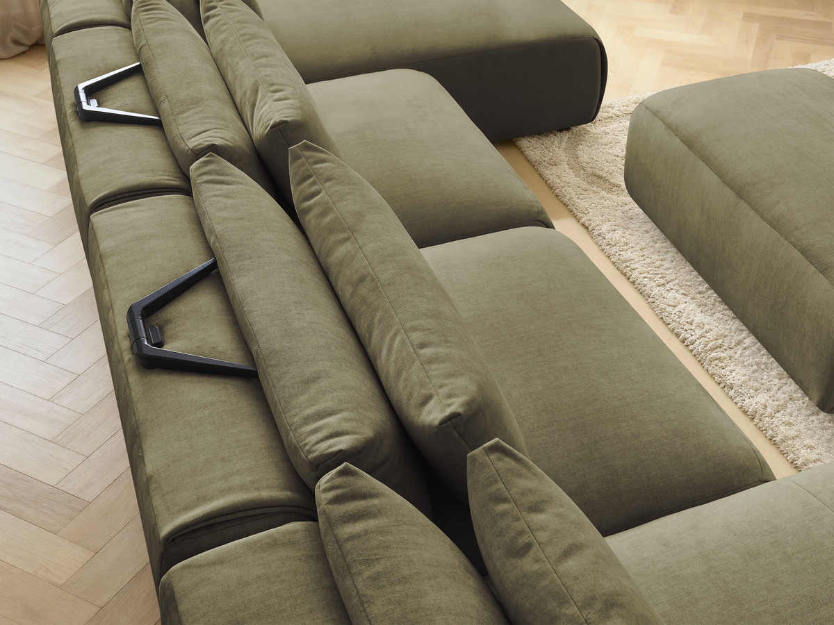 Modulaire vaste panoramabank met hoofdsteunen in JANA fluwelen stof met 2 chaise longues, 2 fauteuils en 1 kleine poef