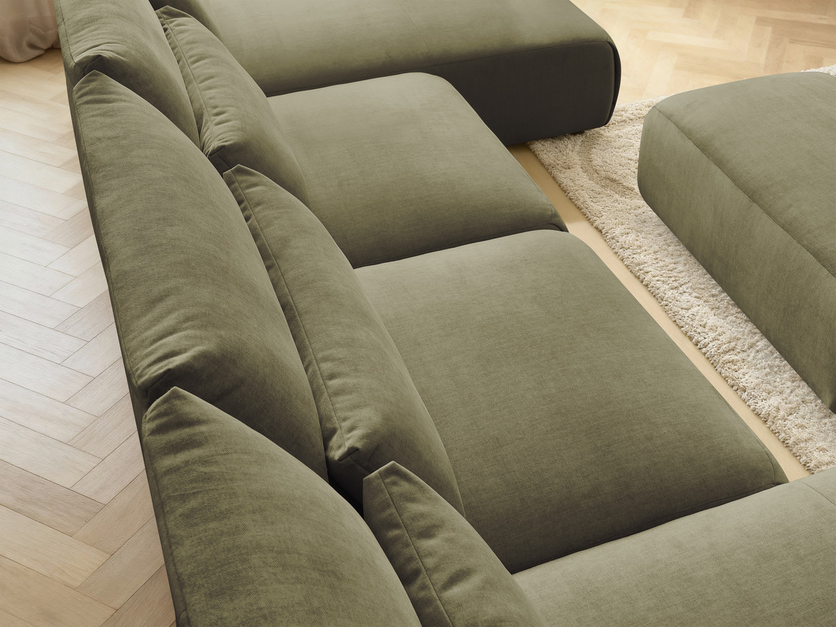 Modulaire vaste panoramabank met hoofdsteunen in JANA fluwelen stof met 2 chaise longues, 2 fauteuils en 1 kleine poef