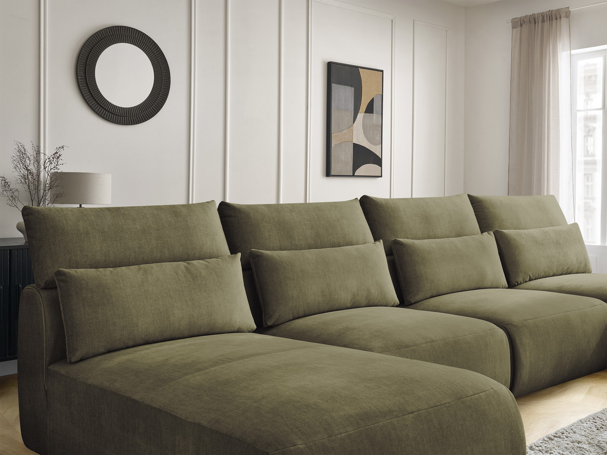 Modulaire vaste panoramabank met hoofdsteunen in JANA fluwelen stof met 2 chaise longues, 2 fauteuils en 1 kleine poef