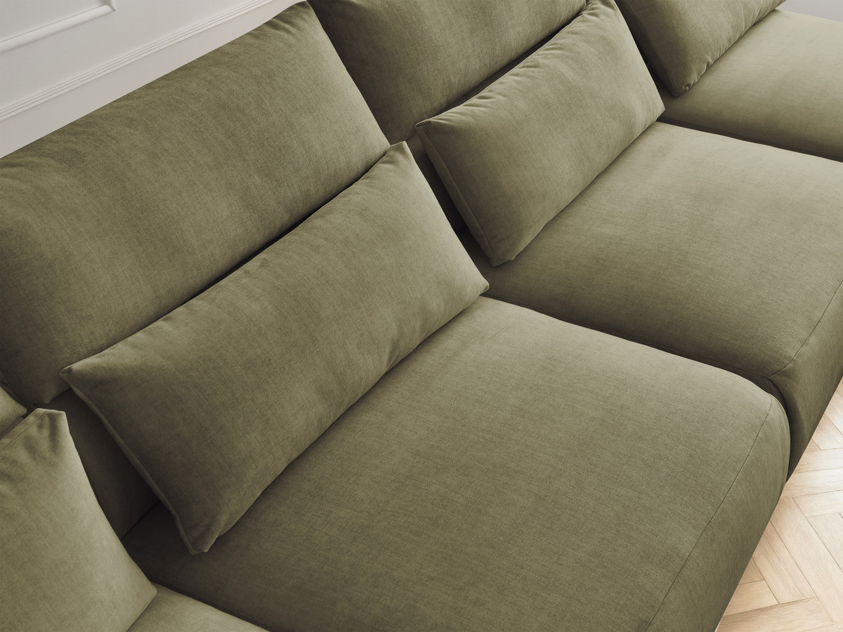 Modulaire vaste panoramabank met hoofdsteunen in JANA fluwelen stof met 2 chaise longues, 2 fauteuils en 1 kleine poef